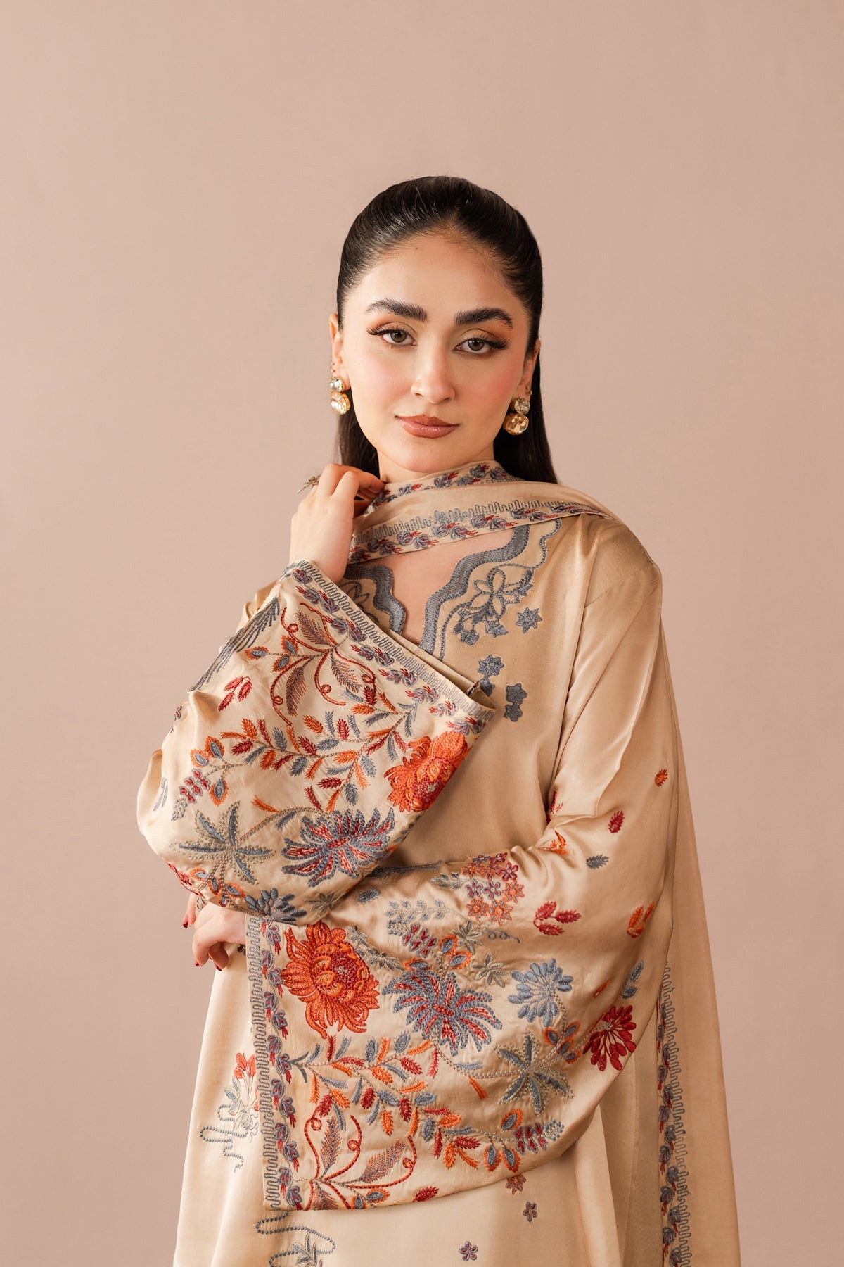 NOURA - 3PC EMBROIDERED SHAMOZ SILK SHIRT LIGHT-WEIGHT MEDIUM SILK DUPATTA & SILK TROUSER - A33