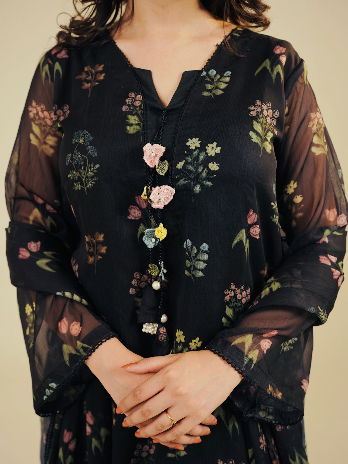 SASHA - 3PC PRINTED CHIFFON SHIRT CHIFFON DUPATTA  VISCOSE INNER & TROUSER - A1001